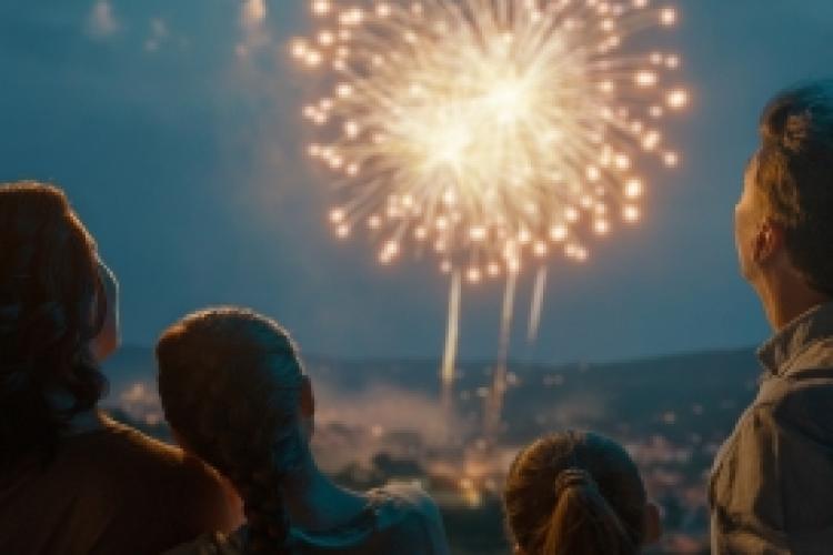 Family enjoying a fireworks display while observing fireworks safety practices.